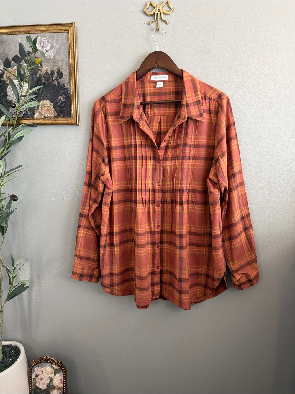 Coldwater Creek Plaid Pintuck Button Down Blouse Large 100% Cotton Fall Boho - Picture 2 of 8